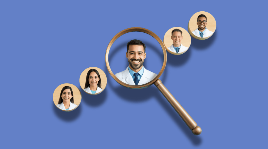 Lupa enfocando a un odontólogo entre varios candidatos, representando la búsqueda de empleo dental en México.